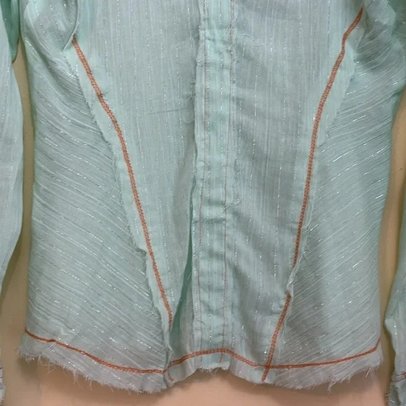 Aziz | Mint Green Floral Embroidered Metallic Thread Cotton Button Up Shirt M - Picture 5 of 17